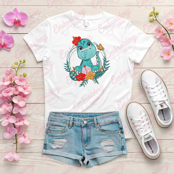 Dinosaur With Flower Machine Embroidery Design