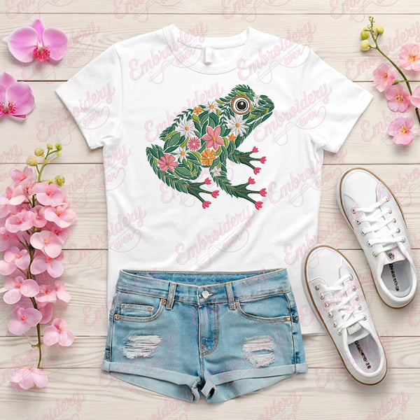 Colorful Botanical Tree Frog Embroidery Design