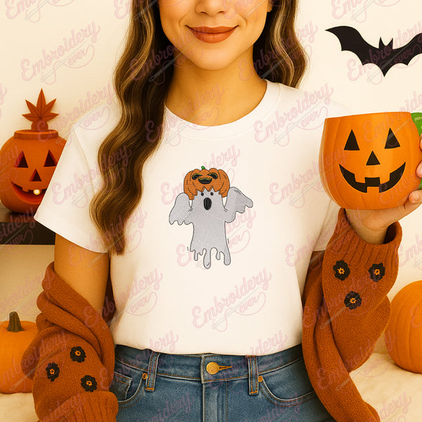 Halloween Ghost with Pumpkin Hat Embroidery Design