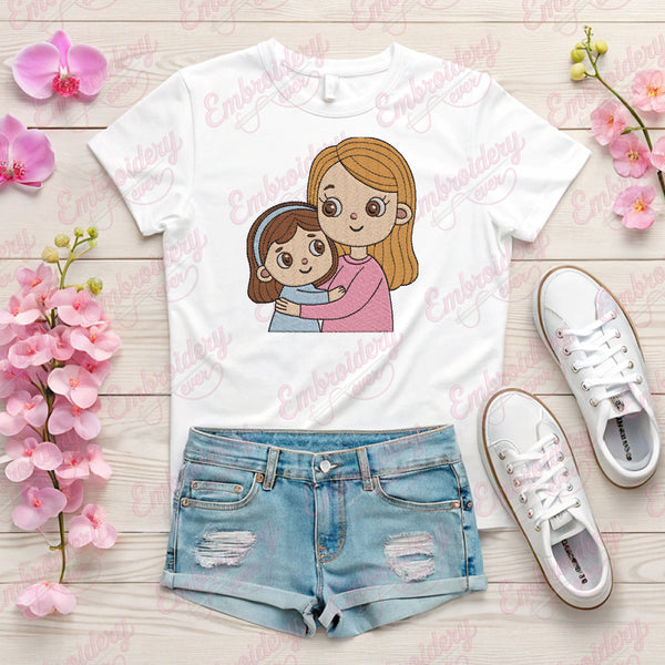 Mom With Little Daughter Mothers Day Embroidery Design