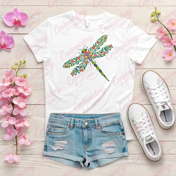 Beautiful Floral Dragonfly Embroidery Design