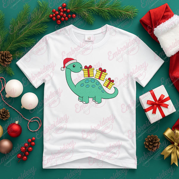 Christmas Dinosaur Delivers Gifts Embroidery Design