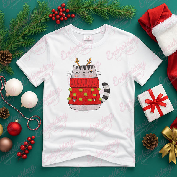 Christmas Sweater Cat With Antlers Embroidery Design