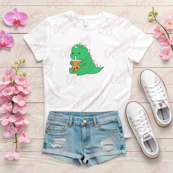 Boba Drinking Dinosaur Embroidery Design