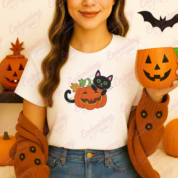 Halloween Kitty Cat And Funny Pumpkins Embroidery Design
