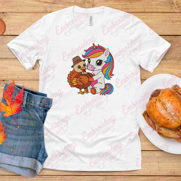 Cute Unicorn Hugs Turkey Thanksgiving Embroidery Design