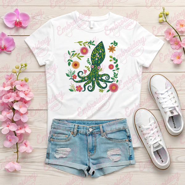 Floral Squid Fish Embroidery Design