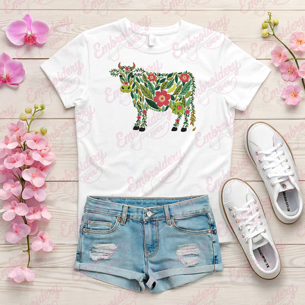 Tropical Leaves And Flowers Cow Embroidery Design