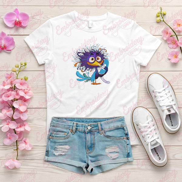 Colorful Crazy Bird Holding a Telephone Receiver Embroidery Design