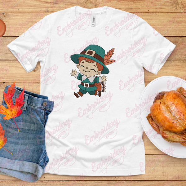 Cute Pilgrim Boy Embroidery Design For Thanksgiving