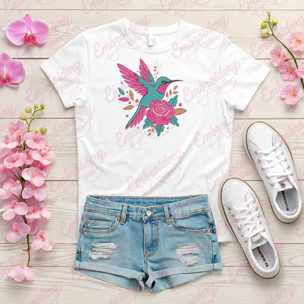 Hummingbird With Flower Embroidery Design
