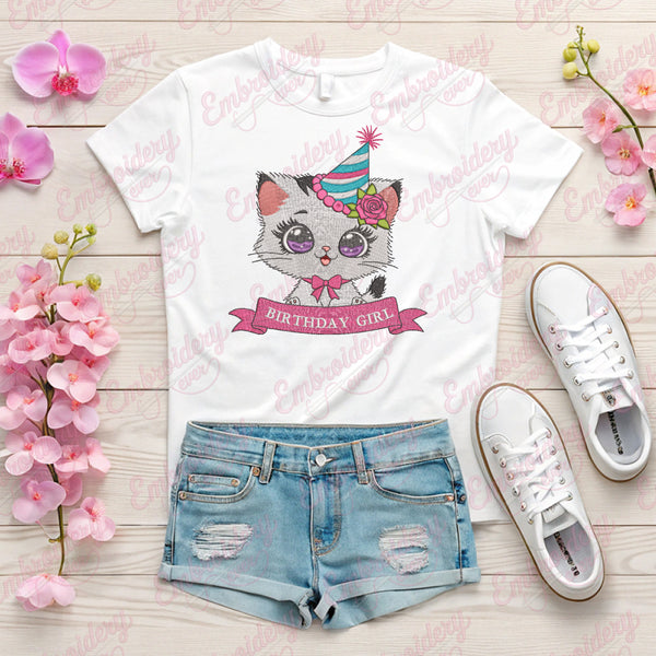 Birthday Girl Kitten Embroidery Design