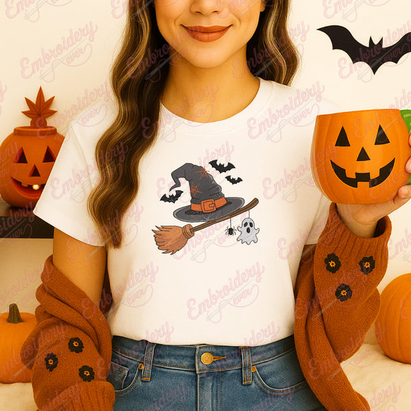 Halloween Witch Hat Broom Embroidery Design