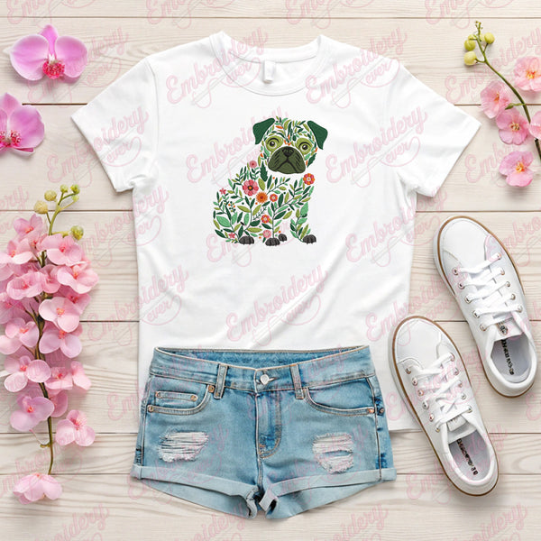 Colorful Botanical Pug Dog Embroidery Design