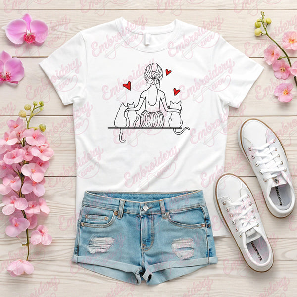 Curte Mom And Cat Embroidery Design