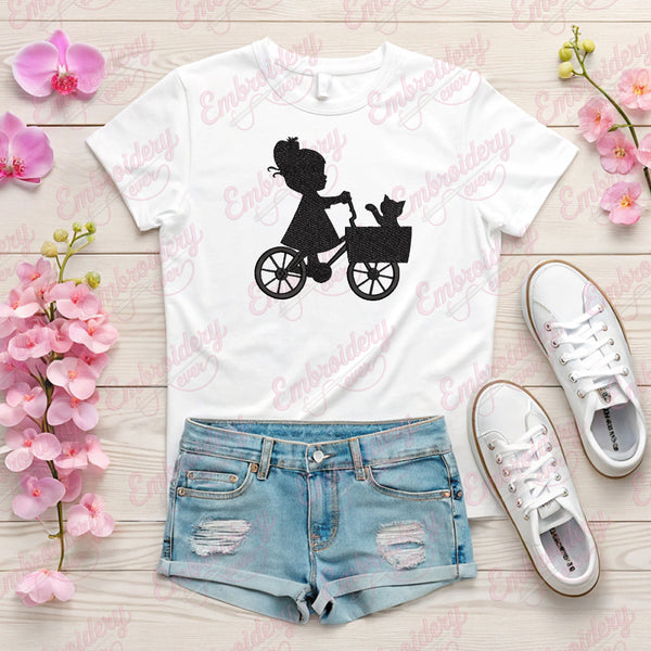 Little Girl Cycling With Cat Embroidery Design
