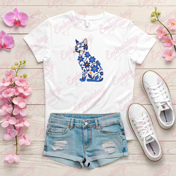 Blue and White Cat with Flowers Embroidery Design