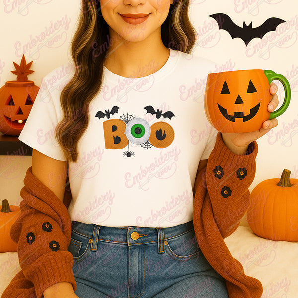 Halloween Boo With Bat Spider Embroidery Design