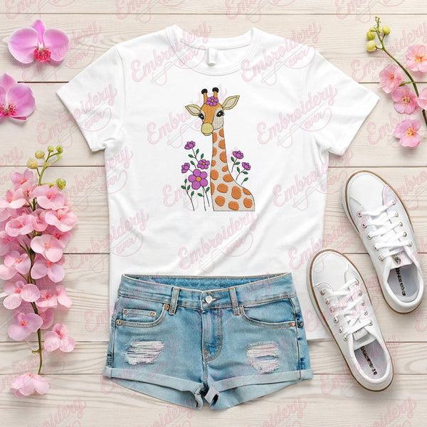 Giraffe with Flowers Machine Embroidery Design