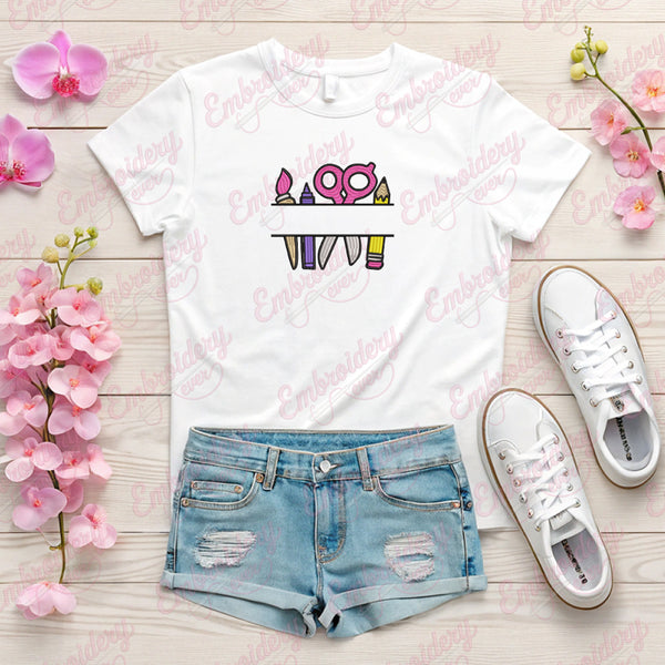 School Tool Split Name Monogram Embroidery Design