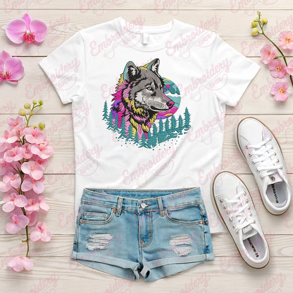Colorful Wolf Face Embroidery Design