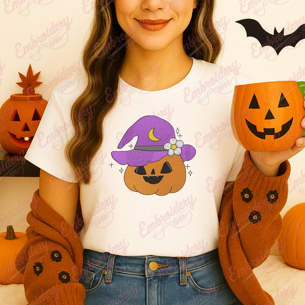 Halloween Pumpkin Girl With Witch Hat Embroidery Design