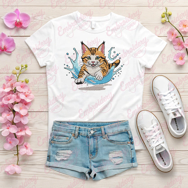 Playful Cute Cat In Water Embroidery Design