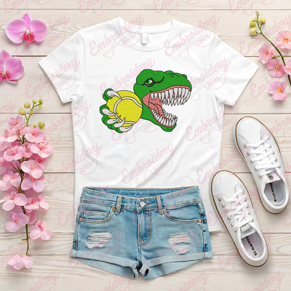 Funny Dinosaur T-Rex Raptor Tennis Player Embroidery Design