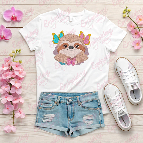 Sloth With Butterflies Embroidery Design