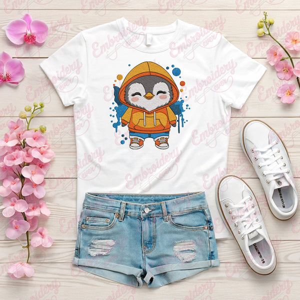 Cute Penguin Wearing A Hoodie Embroidery Design