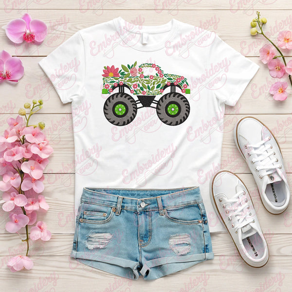 Floral Monster Truck Embroidery Design