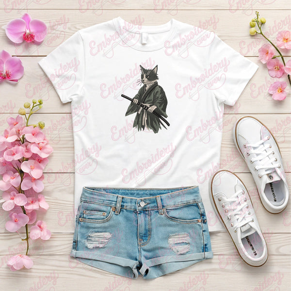 Funny Samurai Cat Embroidery Design