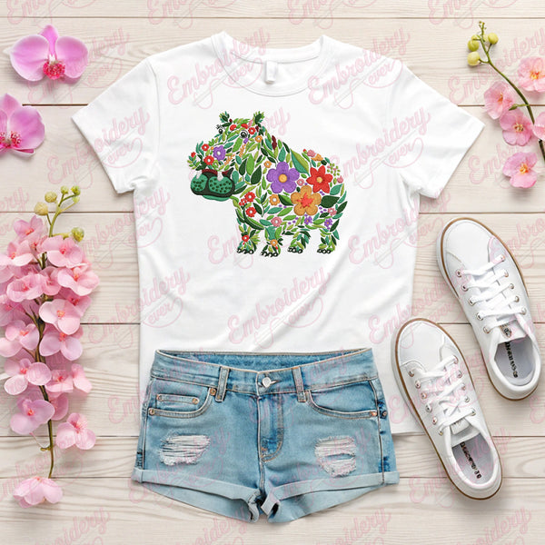 Colorful Botanical Hippopotamus Embroidery Design
