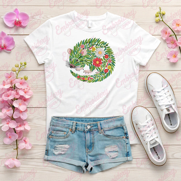 Colorful Botanical Opossum Embroidery Design