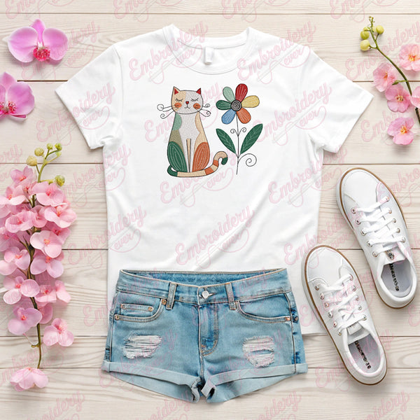 Whimsical Cat And Flower Embroidery Design