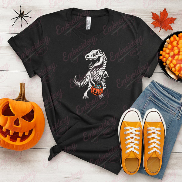 Halloween T-Rex Dinosaur Skeleton with Pumpkin Embroidery Design