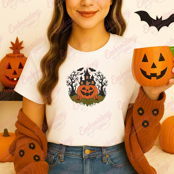 Halloween Pumpkin Haunted Castle Embroidery Design