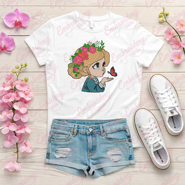 Cute Girl With Butterfly Embroidery Design