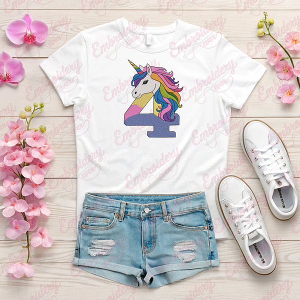 Unicorn Number 4th Birthday Embroidery Design
