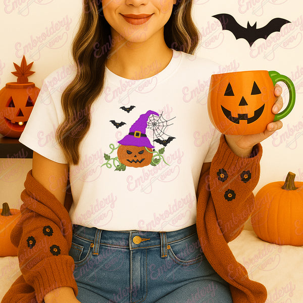Pumpkin Wearing Witch Hat Halloween Embroidery Design