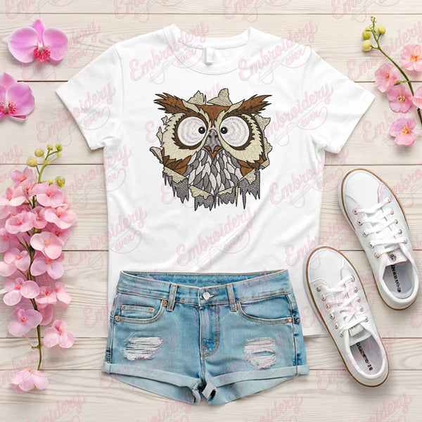 Owl Bird Cracked Wall Embroidery Design