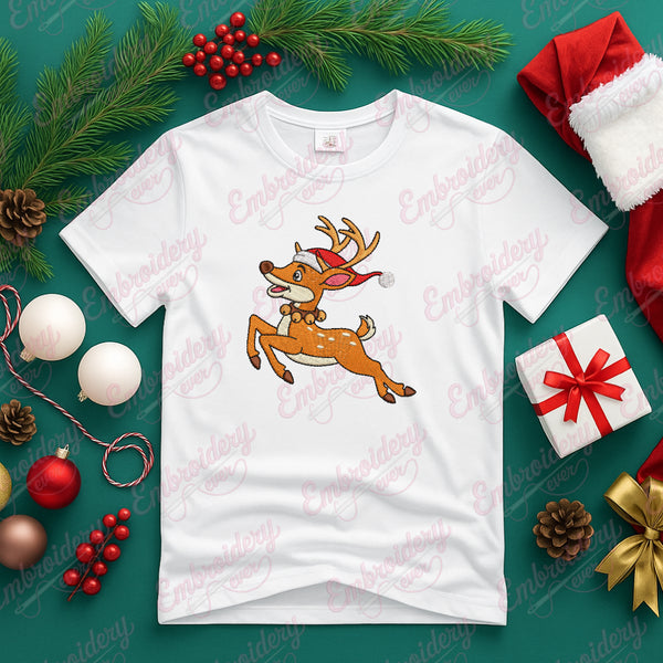 Christmas Reindeer In Santa Hat Embroidery Design