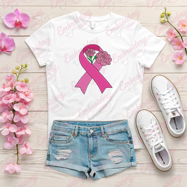 Pink Awareness Ribbon Flower Embroidery Design