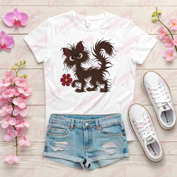 Fluffy Brown Cat With Flower Embroidery Design