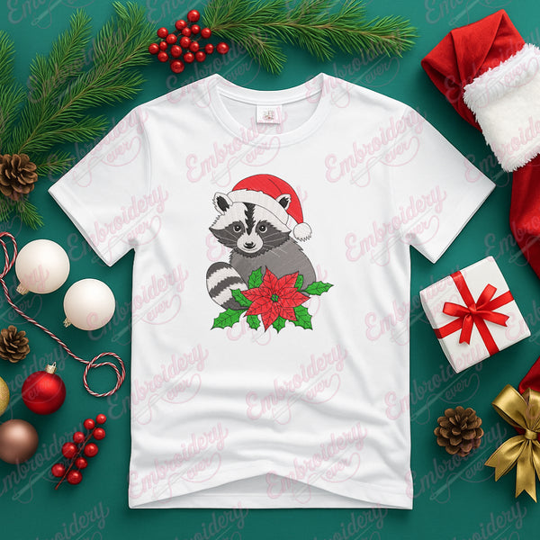 Christmas Raccoon In Santa Hat Embroidery Design