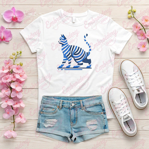 Abstract Blue Cat Embroidery Design