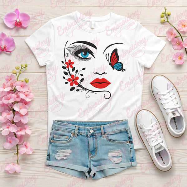 Girl Face With Butterfly Embroidery Design
