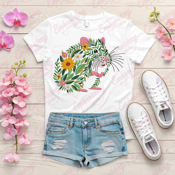 Colorful Botanical Hamster Embroidery Design
