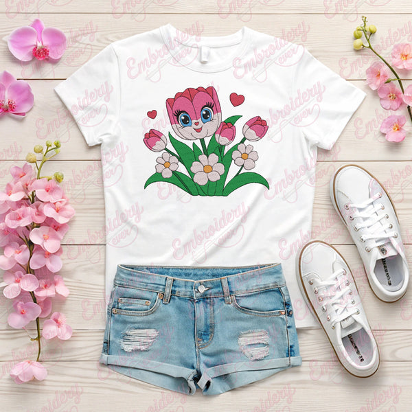 Happy Tulip Flower With Face Embroidery Design