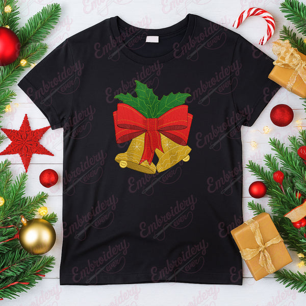 Festive Jingle Bells With Ribbon Embroidery Design